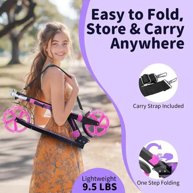 Alt view image 5 of 7 - V8 Scooters with Light-Up Wheel & Stem & Deck, 2 Wheel Folding Scooter for Adults Teens, 4 Adjustable Height, Lightweight Sport Commuter Scooter, up to 220lbs (Galaxy Purple)