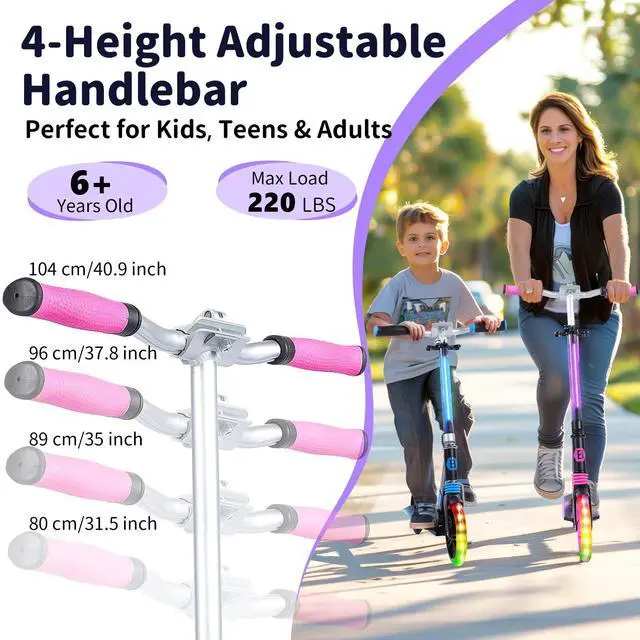 Alt view image 4 of 7 - V8 Scooters with Light-Up Wheel & Stem & Deck, 2 Wheel Folding Scooter for Adults Teens, 4 Adjustable Height, Lightweight Sport Commuter Scooter, up to 220lbs (Galaxy Purple)