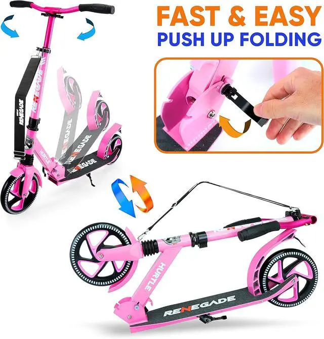 Alt view image 3 of 7 - Kick Scooter  2-Wheel Folding Scooter with Adjustable T-Bar Handlebar, Anti-Slip Alloy Deck & 8 Smooth-Gliding Wheels, Pink