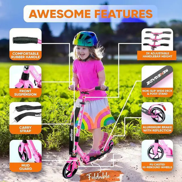 Alt view image 2 of 7 - Kick Scooter  2-Wheel Folding Scooter with Adjustable T-Bar Handlebar, Anti-Slip Alloy Deck & 8 Smooth-Gliding Wheels, Pink