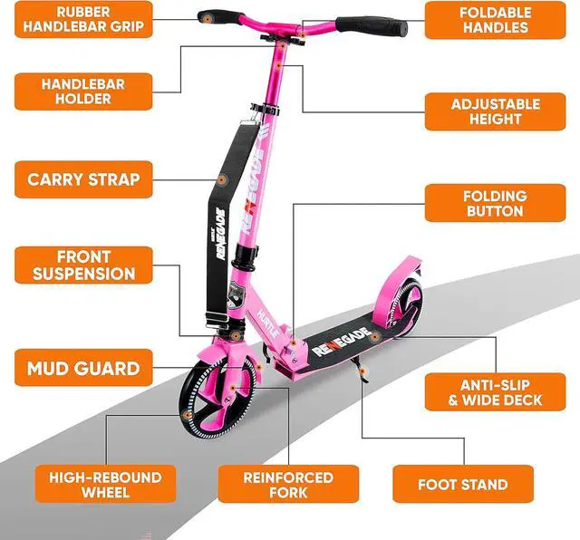 Alt view image 5 of 7 - Kick Scooter  2-Wheel Folding Scooter with Adjustable T-Bar Handlebar, Anti-Slip Alloy Deck & 8 Smooth-Gliding Wheels, Pink