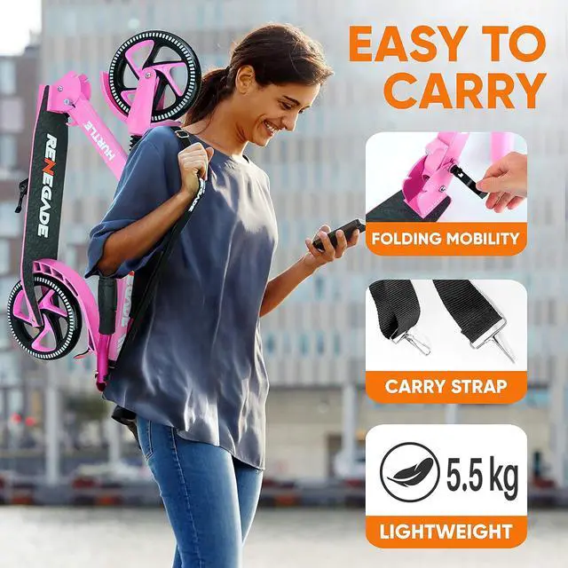 Alt view image 4 of 7 - Kick Scooter  2-Wheel Folding Scooter with Adjustable T-Bar Handlebar, Anti-Slip Alloy Deck & 8 Smooth-Gliding Wheels, Pink