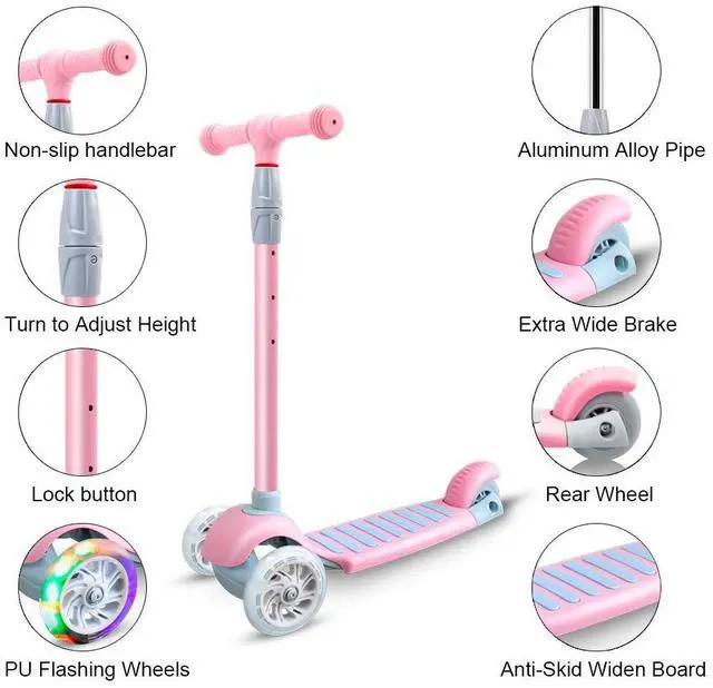 Alt view image 4 of 7 - Scooters Scooter 3 Wheel, Toddler Scooter with Lean-to-Steer System and 4 Height-Adjustable Handlebar (Pink)