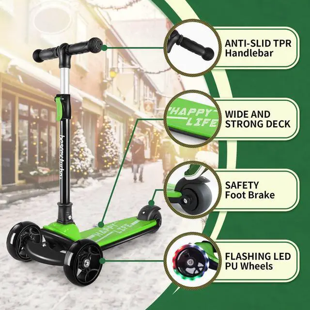 Alt view image 3 of 7 - Kick Scooter, 3-Wheel Folding Scooter with Adjustable Height, LED Light Wheels, Extra Wide Deck for Outdoor Activities