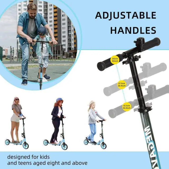 Alt view image 3 of 7 - Foldable Scooter with 8 inch Sturdy Wheels - ScootersTeens, Adults , Adjustable Handlebar, Gift for Boys&Girls, 220lbs Max Load Capacity, Bearing ABEC7 - Blue