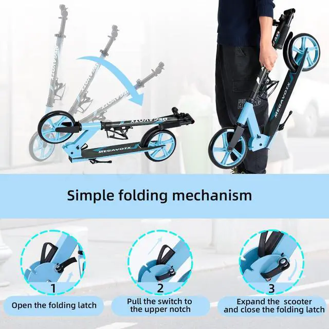 Alt view image 5 of 7 - Foldable Scooter with 8 inch Sturdy Wheels - ScootersTeens, Adults , Adjustable Handlebar, Gift for Boys&Girls, 220lbs Max Load Capacity, Bearing ABEC7 - Blue