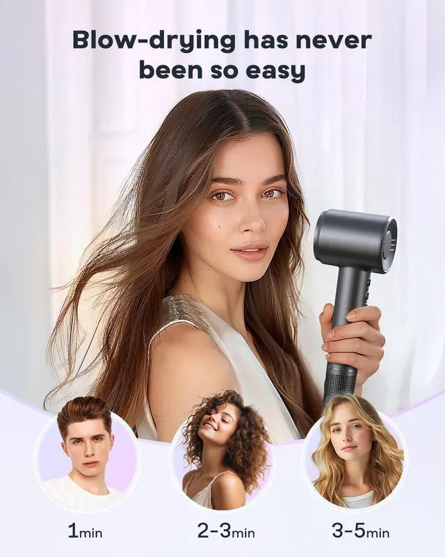 Alt view image 2 of 7 - Hair Dryer - 150,000RPM High-Speed Ionic Hair Dryer for 1-5 Mins Fast-Drying, 500M Negative Ions Reducing 70% Frizz, Low Noise Blow Dryer with Magnetic Diffuser & Nozzle, for Home Travel Salon, Black