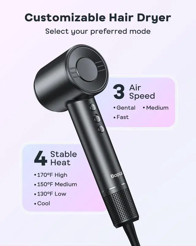 Alt view image 5 of 7 - Hair Dryer - 150,000RPM High-Speed Ionic Hair Dryer for 1-5 Mins Fast-Drying, 500M Negative Ions Reducing 70% Frizz, Low Noise Blow Dryer with Magnetic Diffuser & Nozzle, for Home Travel Salon, Black