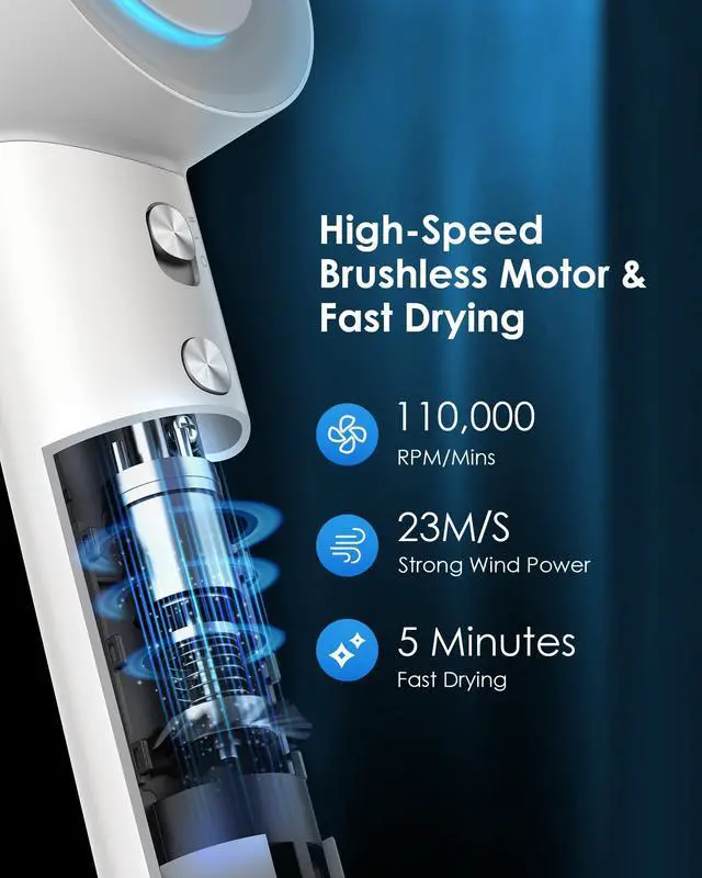 Alt view image 3 of 7 - Hair Dryer,  Negative Ion Blow Dryer for Women Men, 110, 000 RPM Brushless Motor, 3 Heat Settings, 360° Rotating Magnetic Nozzle, High-Speed Low Noise Hair Dryer for Home and Travel (White)