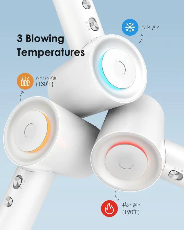 Alt view image 4 of 7 - Hair Dryer,  Negative Ion Blow Dryer for Women Men, 110, 000 RPM Brushless Motor, 3 Heat Settings, 360° Rotating Magnetic Nozzle, High-Speed Low Noise Hair Dryer for Home and Travel (White)