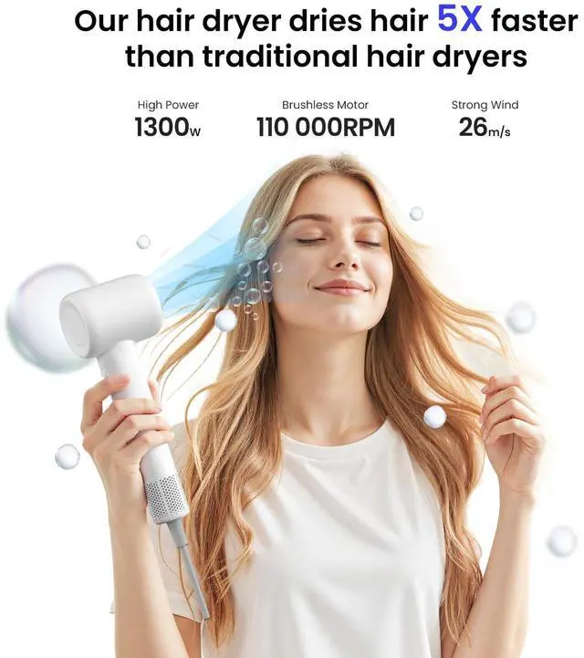 Alt view image 2 of 7 - Hair Dryer,  110,000 RPM High-Speed Brushless Motor Ionic Blow Dryer, with Diffuser Hair Dryer & Smoothing Nozzle, Low Noise Lightweight for Home/Travel/Salon, No Heat Damage