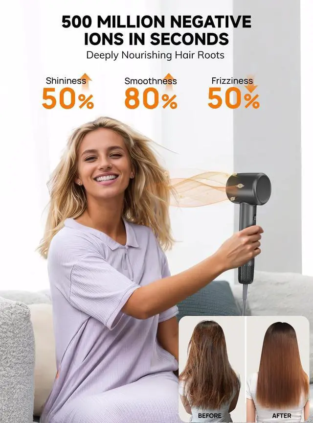 Alt view image 3 of 6 - High Speed Blow Dryer : 160000 RPM Professional Curly Hair Dryer 500 Millions Negative Ionic Lightweight Quiet Fast Drying Hair Blower for Men Women Gift Travel