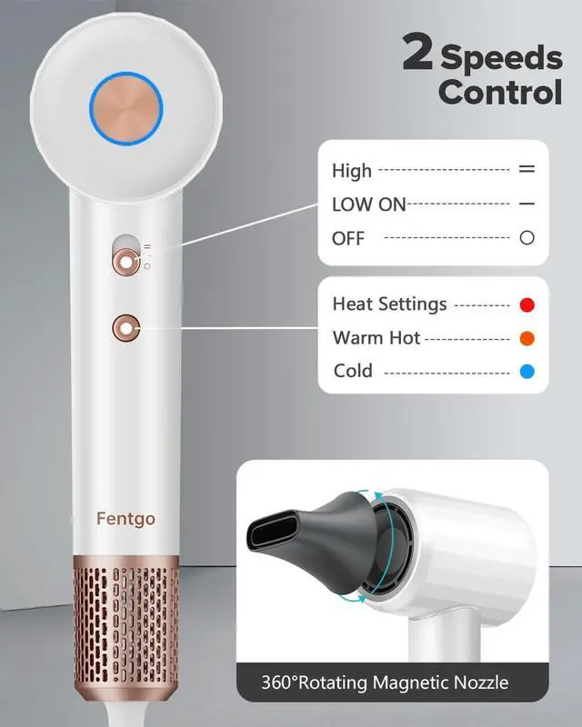Alt view image 2 of 7 - Negative Ionic High Speed Hair Dryer, Professional Brushless Blow Dryer for Fast Drying, 2 Speeds & 4 Temps Thermo-Control, Lightweight & Quiet Hairdryer for Home & Travel