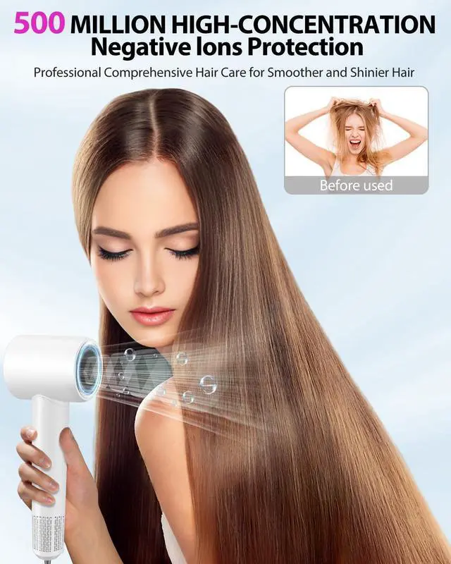 Alt view image 6 of 7 - Hair Dryer,180000 RPM High-Speed Hair Blow Dryer with Brushless Motor, 500 Millions Negative Ionic Hair Dryer for Fast Drying, Quiet Thermo-Control Travel Hair dryers for Women Home Salon (White)