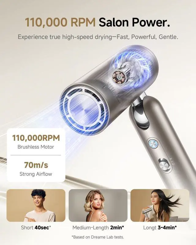 Alt view image 4 of 7 - Pocket Pure High-Speed Hair Dryer, Lightweight Foldable Blow Dryer with 110,000 RPM Motor, Ionic Care, 5 Modes, Travel Bag, Quiet Fast Drying for Frizz-Free Hair
