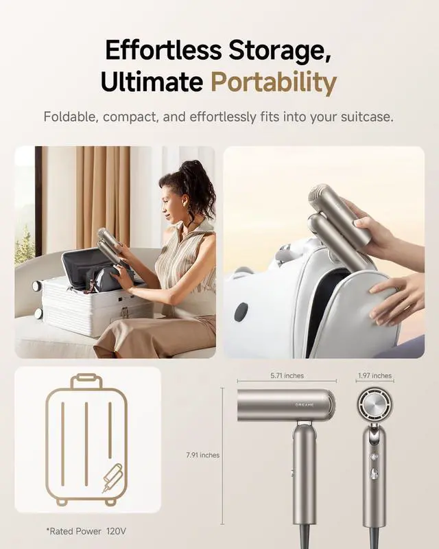 Alt view image 2 of 7 - Pocket Pure High-Speed Hair Dryer, Lightweight Foldable Blow Dryer with 110,000 RPM Motor, Ionic Care, 5 Modes, Travel Bag, Quiet Fast Drying for Frizz-Free Hair