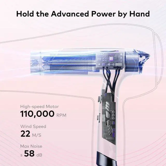 Alt view image 2 of 7 - High Speed Ionic Hair Dryer with 1500W Brushless Motor High RPM Fast Drying Professional Salon Blow Dryer with 200million ions for Women, Frizz Free/No Heat Damage/Foldable