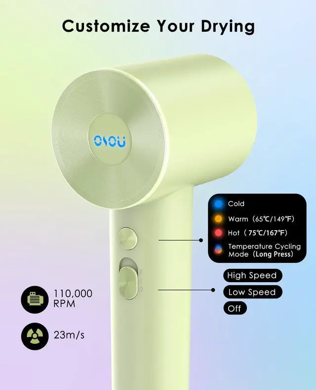 Alt view image 3 of 7 - Hair Dryer with Diffuser for Curly Hair, Negative Ionic Hairdryer, High-Speed Blow Dryer with 110, 000 RPM Brushless Motor, Fast Drying Lightweight Travel Hairdryer, Low Noise Quiet Hair Dryers
