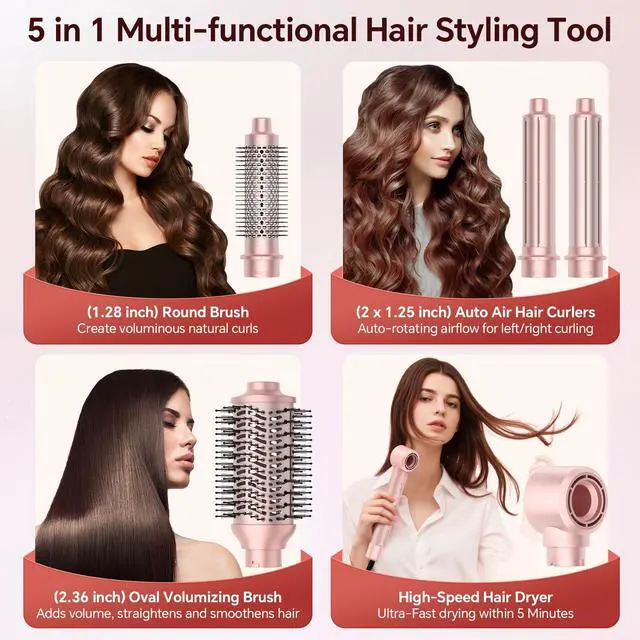 Alt view image 2 of 7 - 5 in 1 Hot Air Styler, Hair Dryer Brush with Auto Wrap Curling, 110,000 RPM High-Speed Blow Dryer and Air Curler, Frizz-Free Styling for All Hair Types-Straight, Wavy & Curly, No Heat Damage, 1200W