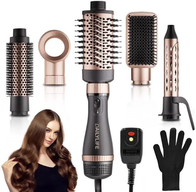 Main image of Hair Dryer Brush Set, Blow Dryer Brush with 5 Attachments, Multi Hair Styler for Salon Blowouts, Volumizing, and Straightening, Ionic Function, Frizz Free, with Glove
