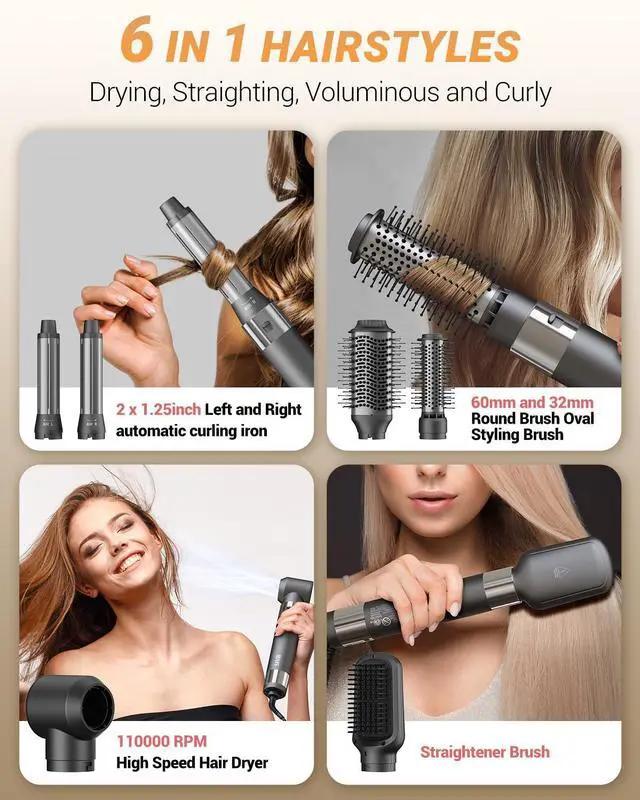 Alt view image 2 of 7 - Hair Dryer Brush 6 in 1 Professional Hot Air Styler, 110,000 RPM High-Speed Negative Ionic Hair Dryer, Auto Wrap Curler Frizz-Free Blow Dryer Brush for Curling Volumizing Straightening Styling