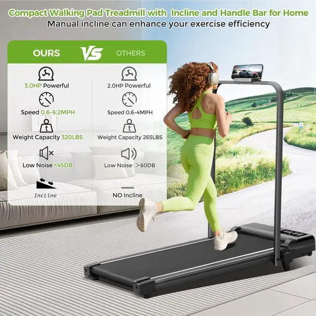 Alt view image 2 of 7 - Walking Pad Treadmill with Incline & Handle Bar, 3.0HP Foldable Folding Treadmills for Home Small, Small Portable Treadmill with Handles, Walking pad with Incline and Handle bar, 320LB Capacity