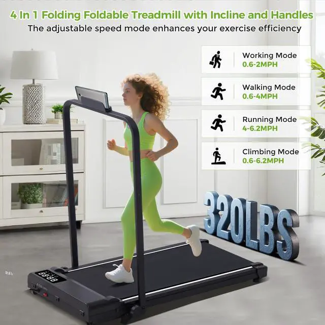 Alt view image 3 of 7 - Walking Pad Treadmill with Incline & Handle Bar, 3.0HP Foldable Folding Treadmills for Home Small, Small Portable Treadmill with Handles, Walking pad with Incline and Handle bar, 320LB Capacity