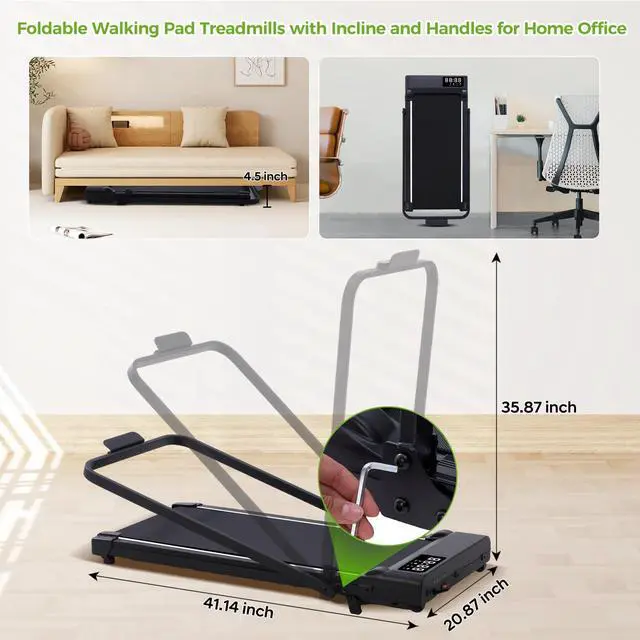Alt view image 5 of 7 - Walking Pad Treadmill with Incline & Handle Bar, 3.0HP Foldable Folding Treadmills for Home Small, Small Portable Treadmill with Handles, Walking pad with Incline and Handle bar, 320LB Capacity