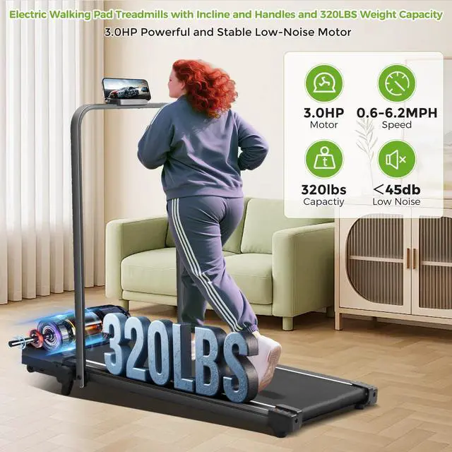 Alt view image 6 of 7 - Walking Pad Treadmill with Incline & Handle Bar, 3.0HP Foldable Folding Treadmills for Home Small, Small Portable Treadmill with Handles, Walking pad with Incline and Handle bar, 320LB Capacity
