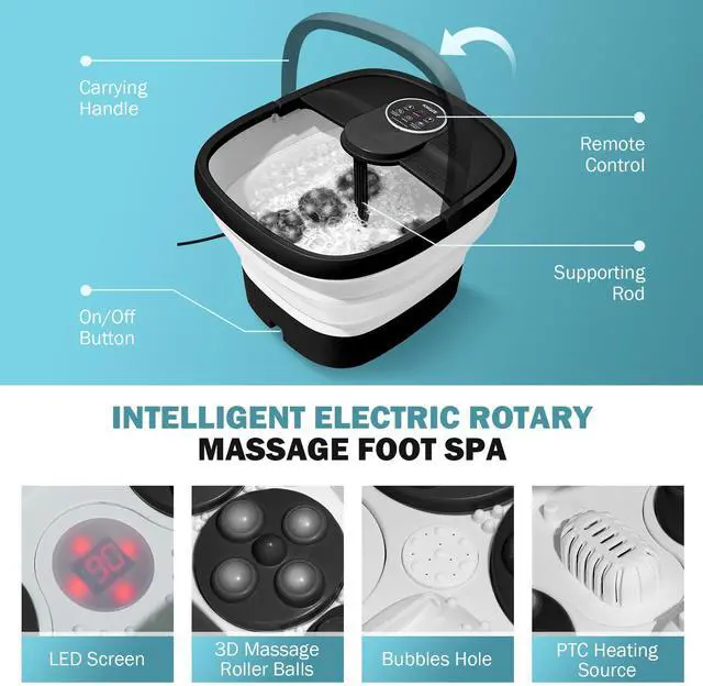 Alt view image 7 of 7 - Collapsible Foot Spa Electric Foot Bath with Heat, Bubble, Remote, 24 Motorized Shiatsu Massage Balls. Pedicure Soaking tub for Feet Stress Relax (Black)