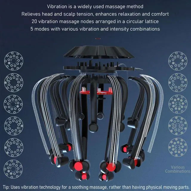 Alt view image 5 of 7 - Electric Scalp Massager - Octopus Head Massager Stress Relax, 20 Claw Multi-Configuration Array Vibrating Nodes, 5 Modes, Bluetooth Music, Hair Scalp Relaxation, Fatigue Relief