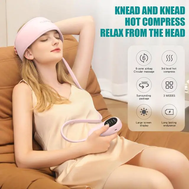 Alt view image 3 of 7 - Head Massager,Scalp Massager,Relief Headaches,Fatigue,Stress,Sleep aid,Hangover with Airbag Kneading,Constant Temperature Hot Compress for Head (Pink)