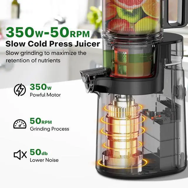 Alt view image 3 of 7 - Cold Press Juicer, Masticating Juicer with 5.4" Wide Feed Chute, 350w Slow Juicer Machines Fit Whole Vegetables and Fruits with High Juice Yield, Easy to Clean (Black)