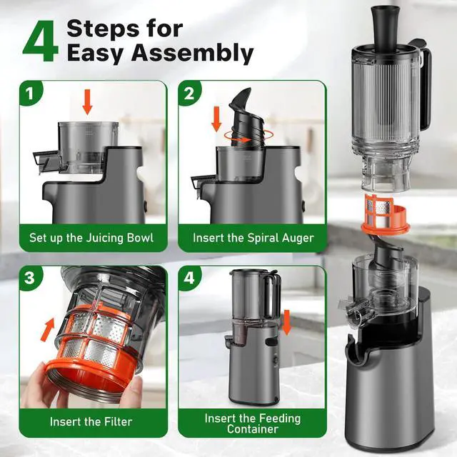 Alt view image 7 of 7 - Cold Press Juicer, Masticating Juicer with 5.4" Wide Feed Chute, 350w Slow Juicer Machines Fit Whole Vegetables and Fruits with High Juice Yield, Easy to Clean (Black)
