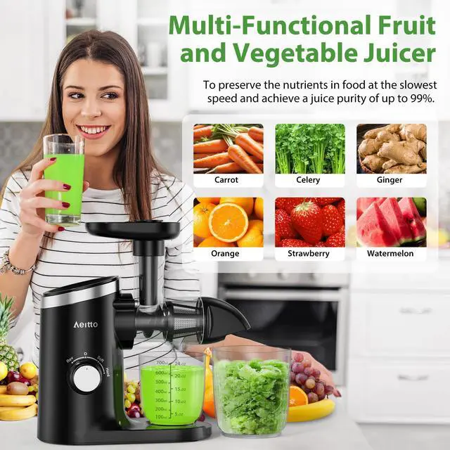 Alt view image 2 of 7 - Classic Horizontal Cold Press Juicer, Slow Masticating Juicer with Quiet Motor, High Juice Yield, Easy to Clean, Juicer Machines with Soft & Hard Modes for Fruits & Vegetables, Premium Black