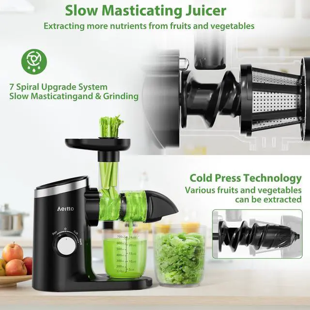 Alt view image 3 of 7 - Classic Horizontal Cold Press Juicer, Slow Masticating Juicer with Quiet Motor, High Juice Yield, Easy to Clean, Juicer Machines with Soft & Hard Modes for Fruits & Vegetables, Premium Black