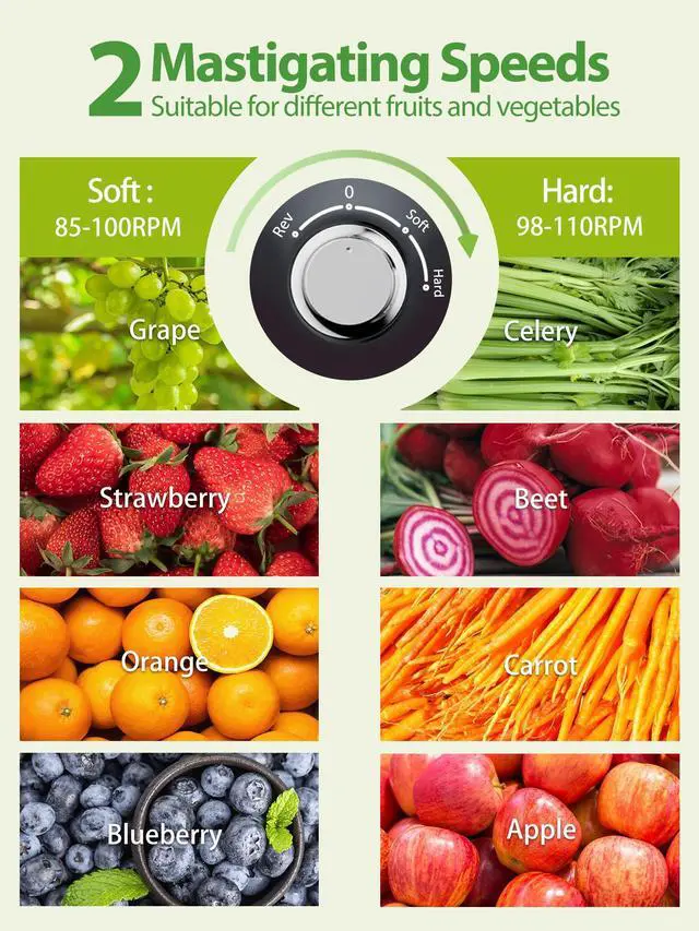 Alt view image 5 of 7 - Classic Horizontal Cold Press Juicer, Slow Masticating Juicer with Quiet Motor, High Juice Yield, Easy to Clean, Juicer Machines with Soft & Hard Modes for Fruits & Vegetables, Premium Black