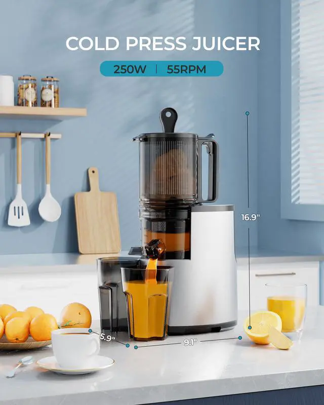 Alt view image 6 of 7 - Cold Press Juicer,  5.5" Extra Large Feed Chute Slow Masticating Juicer, 250W Juicer Machines, 99.6% High Juice Yield, Easy to clean, Reverse Function, for Whole Vegetables & Fruits. Sliver