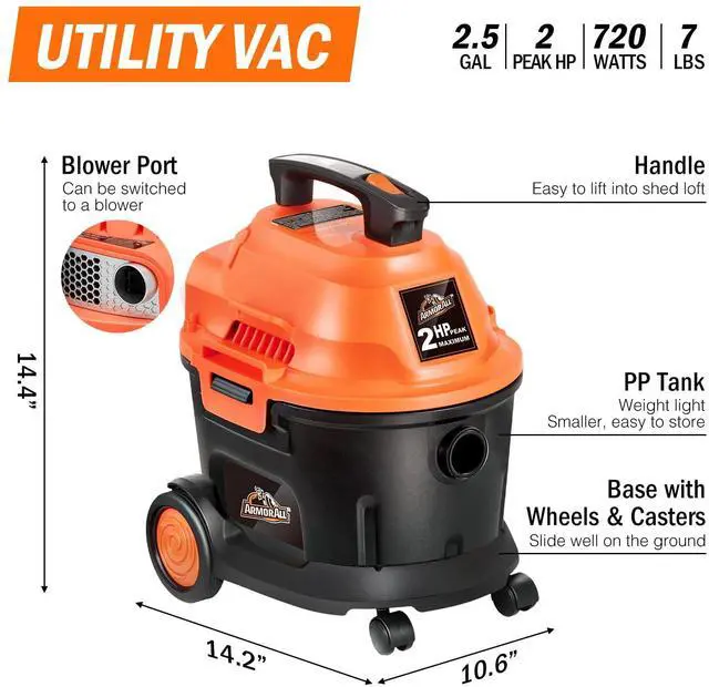 Alt view image 3 of 6 - AA255W Wet/Dry Utility Vac 2.5 Gallon, 2.5-Gallon,120 Volts (AC), Orange/Black