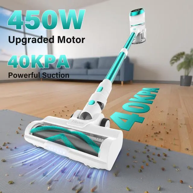 Alt view image 2 of 7 - V500 Cordless Vacuum Cleaner for Home, 40000Pa/450W Stick Vacuum with LED Touch Screen, Charging Wall Dock, Anti-Tangle, Lightweight Handheld Vacuum for Pet Hair, Hard Floor, Carpet, Blue