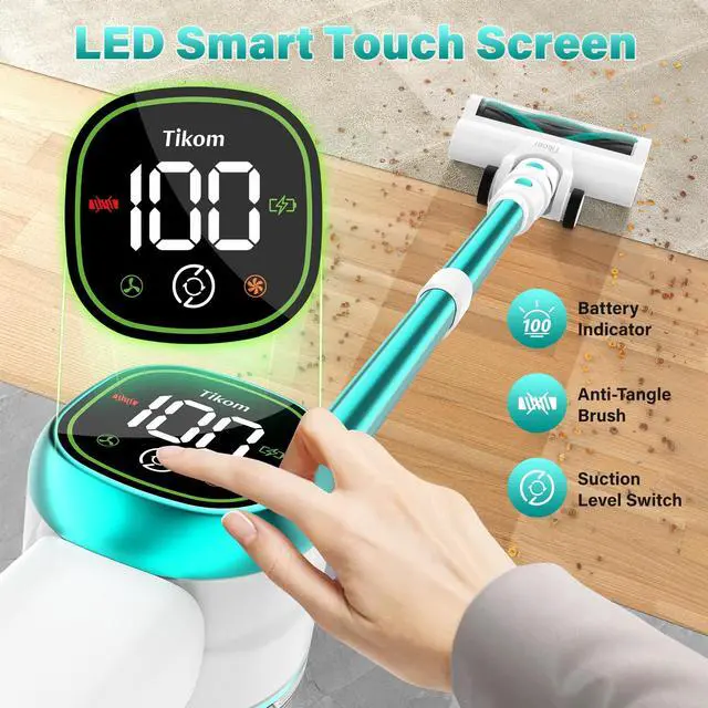 Alt view image 3 of 7 - V500 Cordless Vacuum Cleaner for Home, 40000Pa/450W Stick Vacuum with LED Touch Screen, Charging Wall Dock, Anti-Tangle, Lightweight Handheld Vacuum for Pet Hair, Hard Floor, Carpet, Blue