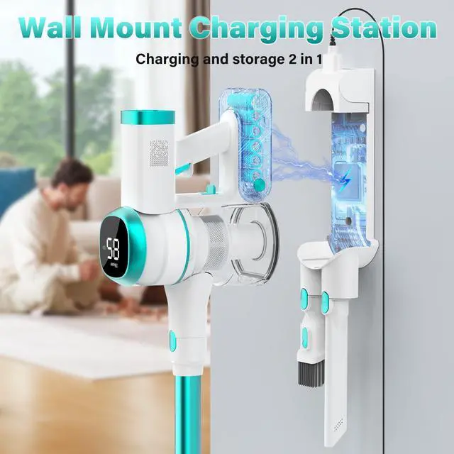 Alt view image 4 of 7 - V500 Cordless Vacuum Cleaner for Home, 40000Pa/450W Stick Vacuum with LED Touch Screen, Charging Wall Dock, Anti-Tangle, Lightweight Handheld Vacuum for Pet Hair, Hard Floor, Carpet, Blue