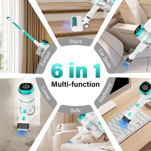Alt view image 5 of 7 - V500 Cordless Vacuum Cleaner for Home, 40000Pa/450W Stick Vacuum with LED Touch Screen, Charging Wall Dock, Anti-Tangle, Lightweight Handheld Vacuum for Pet Hair, Hard Floor, Carpet, Blue