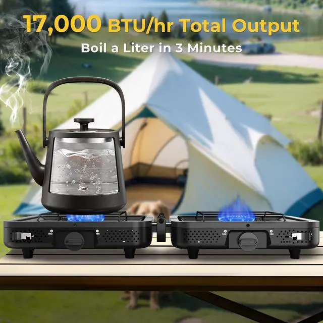 Alt view image 3 of 7 - 2 Burner Portable Camping Stove Propane, Folding Propane Stove for Camping, Camp Stove with 17,000 BTU,Two Adjustable Burners Gas Camping Stove with Carrying Bag for Outdoor Cooking,BBQ