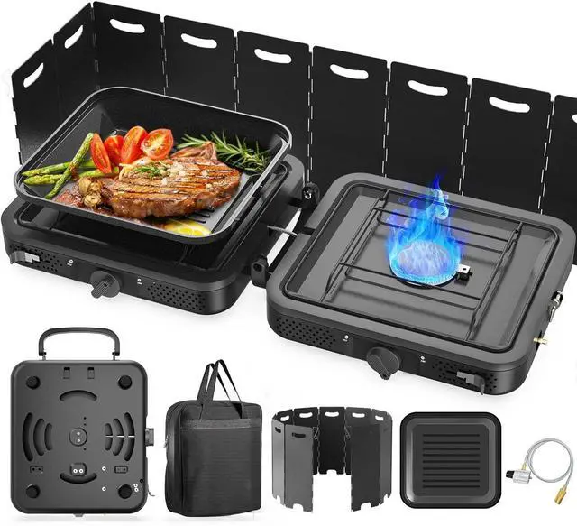 Main image of 2 Burner Portable Camping Stove Propane, Folding Propane Stove for Camping, Camp Stove with 17,000 BTU,Two Adjustable Burners Gas Camping Stove with Carrying Bag for Outdoor Cooking,BBQ