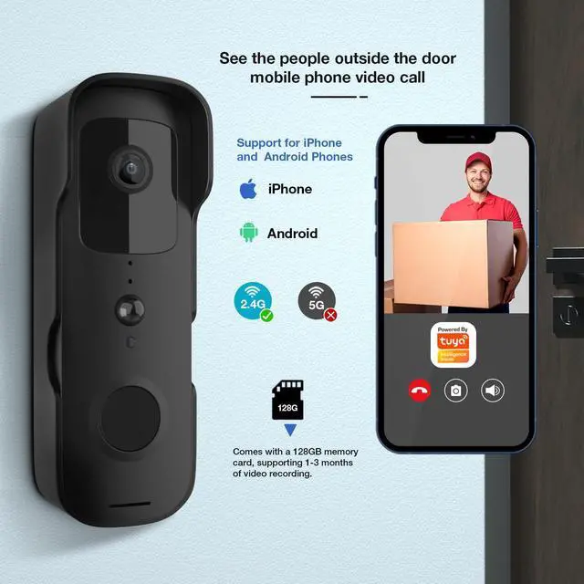 Alt view image 3 of 7 - Tuya Doorbell Camera Wireless No Subscription with 128G SD Card, Video Doorbell with Chime, 120° Wide View, 2.4GHz WiFi Only, Night Vision, Smart Human Detection, 2Way Audio, Built-in Alarm