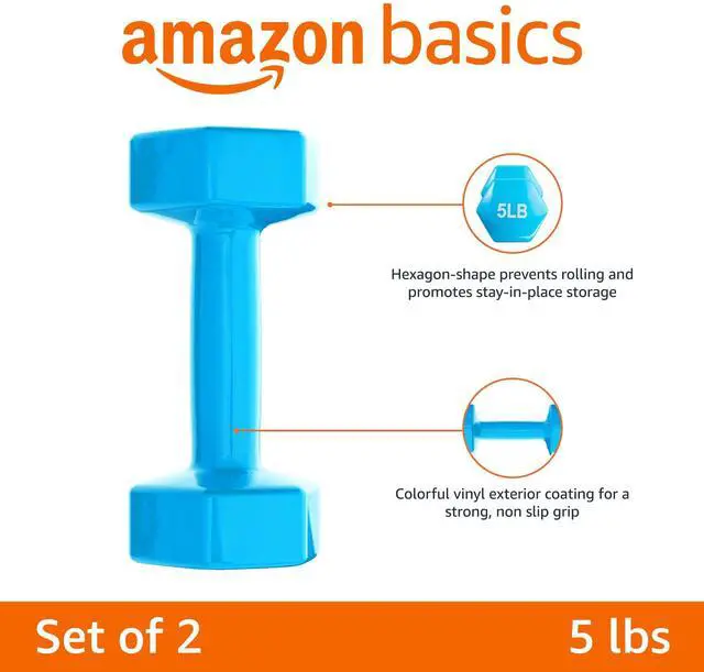 Alt view image 2 of 4 - Vinyl Coated Hex Dumbbell Hand Weights with Non-Slip Grip, 5 Pounds, Light Blue, Pair