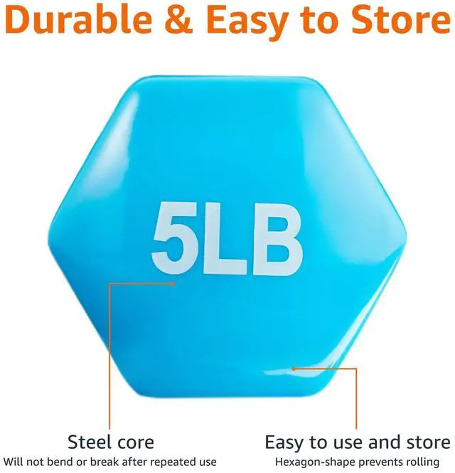 Alt view image 3 of 4 - Vinyl Coated Hex Dumbbell Hand Weights with Non-Slip Grip, 5 Pounds, Light Blue, Pair