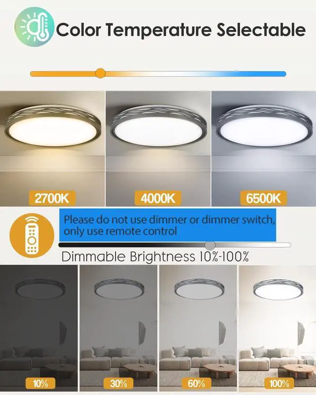 Alt view image 2 of 6 - FCPVHOY 20 Inch Large LED Flush Mount Ceiling Light, 2700K-6500K Dimmable LED Ceiling Light Fixture with Remote, 70W 8900lm Round Modern Ceiling Lamp for Bedroom, Living Room, Hallway (Grey)