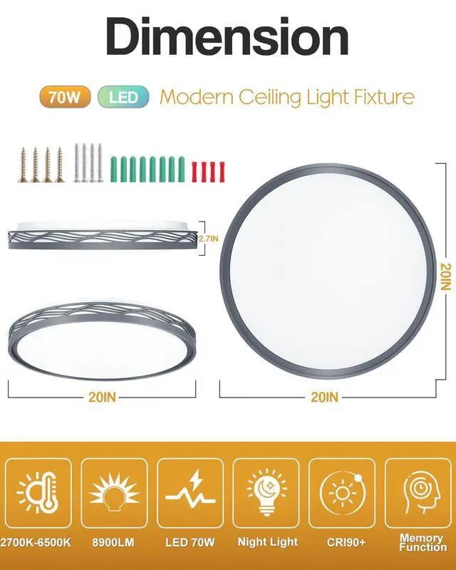 Alt view image 5 of 6 - FCPVHOY 20 Inch Large LED Flush Mount Ceiling Light, 2700K-6500K Dimmable LED Ceiling Light Fixture with Remote, 70W 8900lm Round Modern Ceiling Lamp for Bedroom, Living Room, Hallway (Grey)